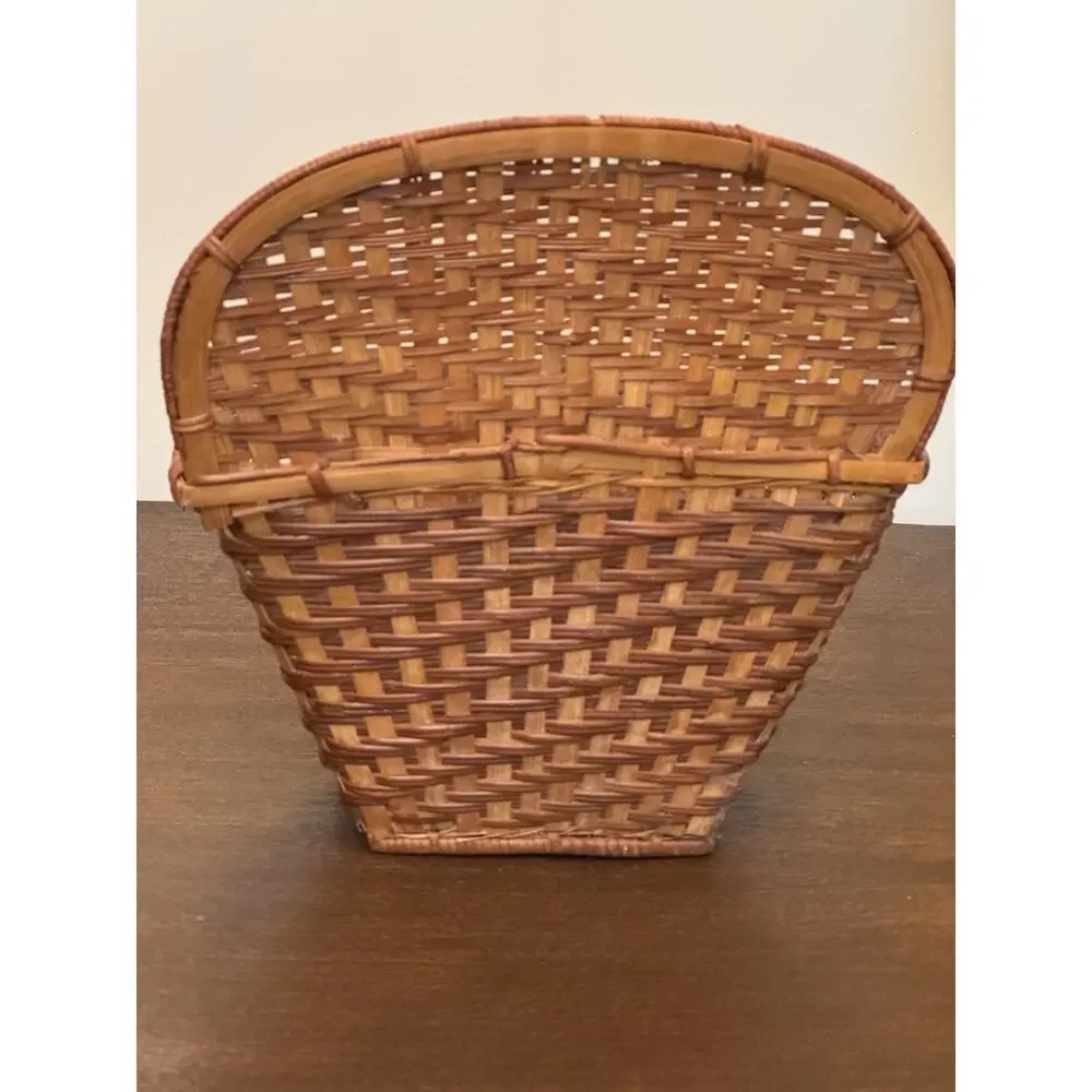 Woven Wicker Basket Two Tone Brown Pocket Flat Back Boho Farmhouse Decor Storage